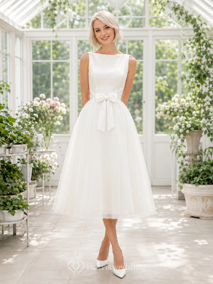 Bow Conservatory White A-Line Tea-Length Bateau Sleeveless Satin Vintage Guest Dress