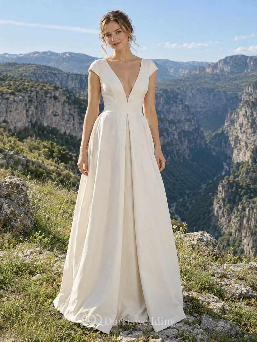 Vestido de novia sencillo, largo hasta el suelo, con escote en V pronunciado, mangas cortas y pliegues, corte en A.