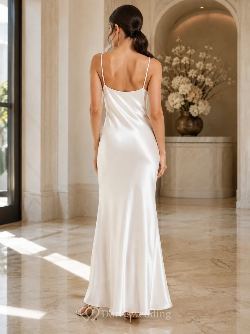 Simple Cowl Spaghetti Satin Sheath Floor-Length Minimalist Elopement Wedding Dress view 2
