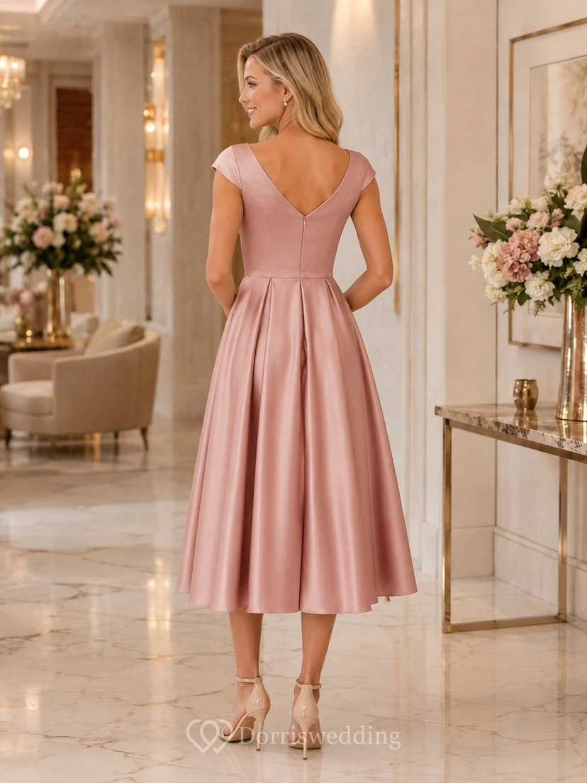 Cocktailkleid aus altrosafarbenem Satin mit herzförmigem Ausschnitt, kurzen Ärmeln, A-Linien-Schnitt und Teelänge sowie Taschen view 2