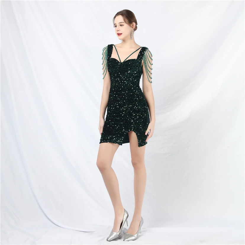 Velvet Handmade Sequined Heavy Craft Beaded Fantasy Sequined Short Skirt Evening Dress view 52
