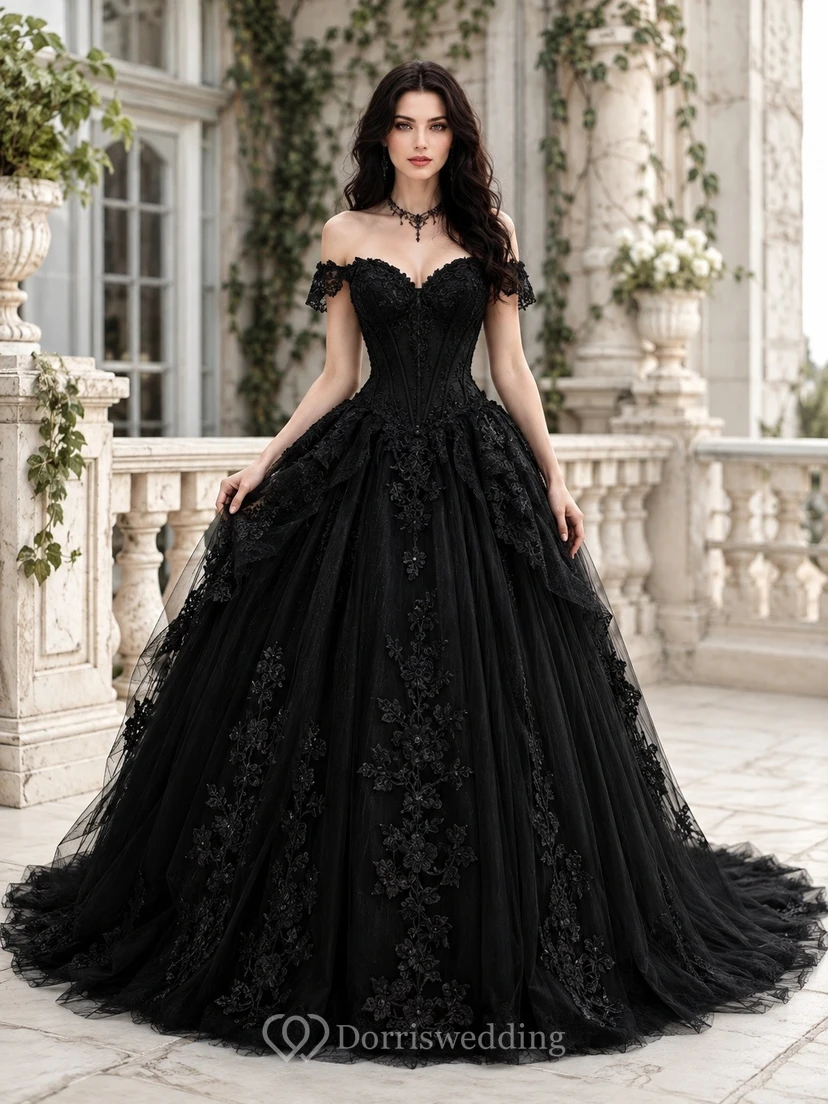 Vestido de novia negro de encaje estilo vintage romántico de manga corta y hombros descubiertos