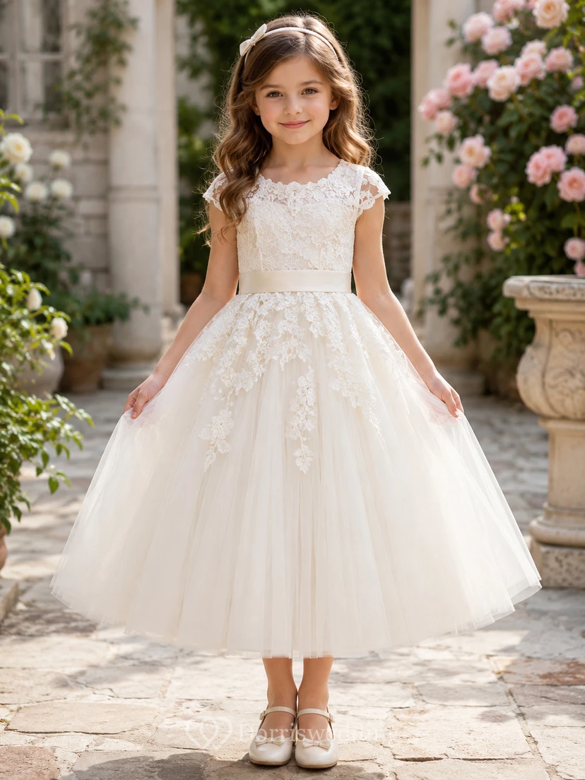 Robe romantique de demoiselle d'honneur, coupe trapèze, en tulle et dentelle, col rond, manches courtes, longueur thé