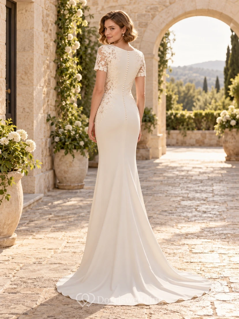 Modest Bateau Floral Short Sleeve Satin Sheath Train Wedding Dress view 2