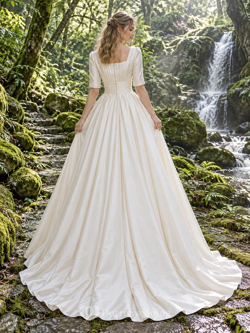 Schlichtes, dezentes Brautkleid mit eckigem Ausschnitt, halben Ärmeln und A-Linien-Schnitt view 2