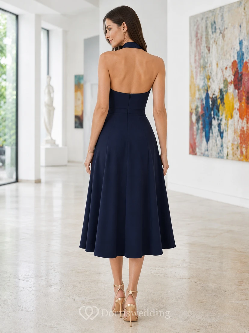 Art Gallery Dark Navy Halter Chiffon A-Line Tea-Length High Neck Dress view 2