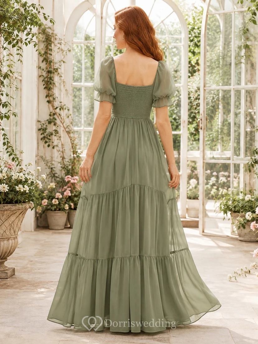 Sage V-Neck Short Sleeve Chiffon A-Line Floor-length Tiered Garden Dress view 2