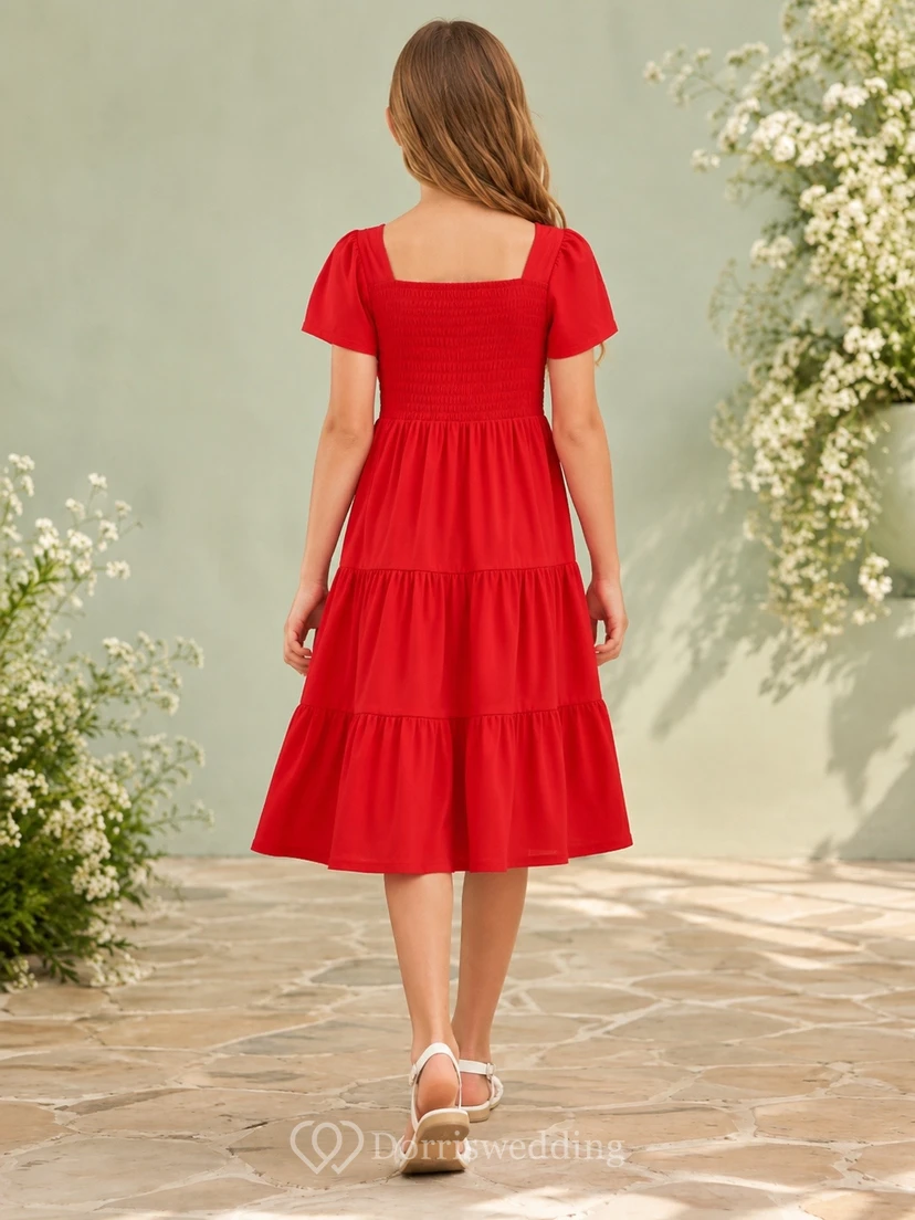 Red Square Neck Short Sleeve Tiered Chiffon Flowergirl Dress view 2