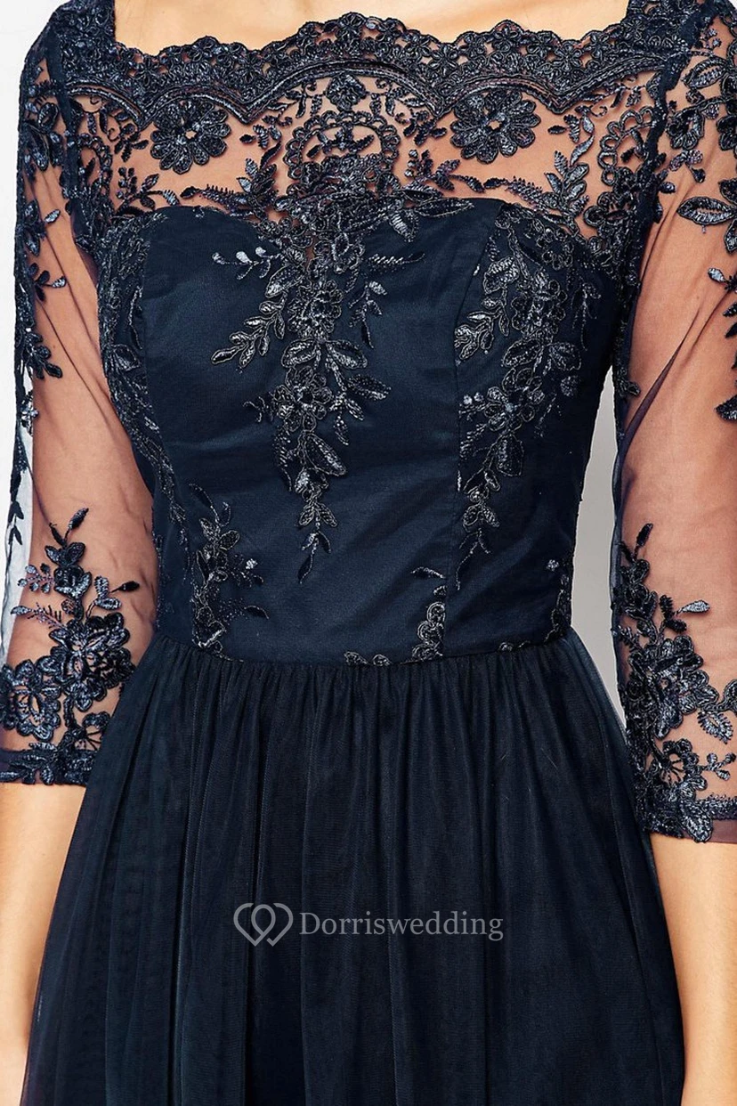 3-4-Sleeve Bateau-Neck Knee-Length Tulle Bridesmaid Dress With Illusion view 4
