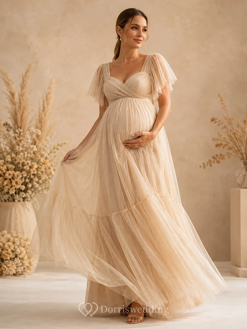Champagne Puff Sleeve Tiered Maternity Chiffon Maxi Dress