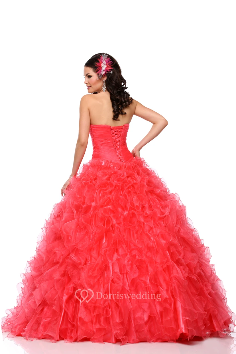 Sweetheart Organza A-Line Ball Gown With Cascading Ruffles And Lace-Up Back view 2
