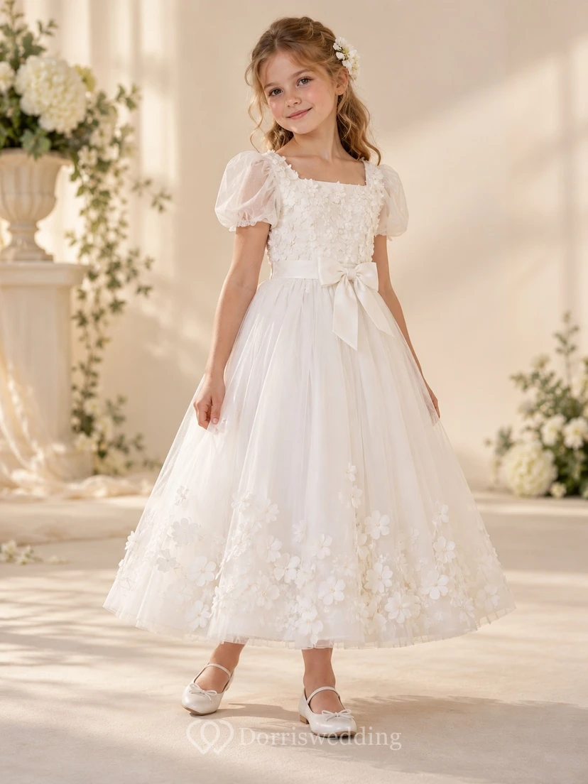 Square Neck Ivory Puff Sleeve Floral Applique Bow Sashed Ankle-length Tulle Flowergirl Dress