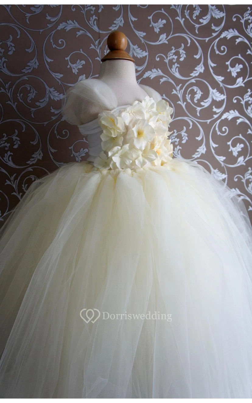 Cap Sleeve Floral Top Tiered Tulle Ball Gown view 4