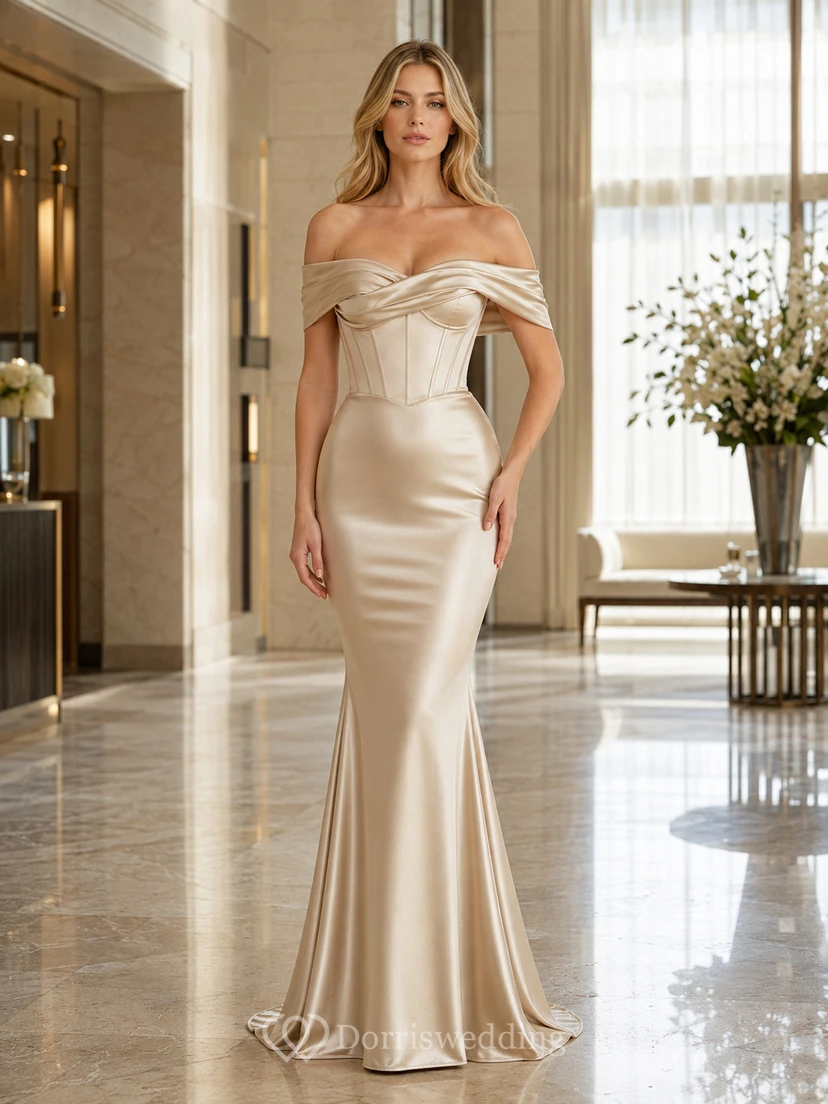 Satin Moonlight Champagne Meerjungfrauen-Kleid, bodenlang, schulterfrei, kurzärmelig, luxuriös, elegant