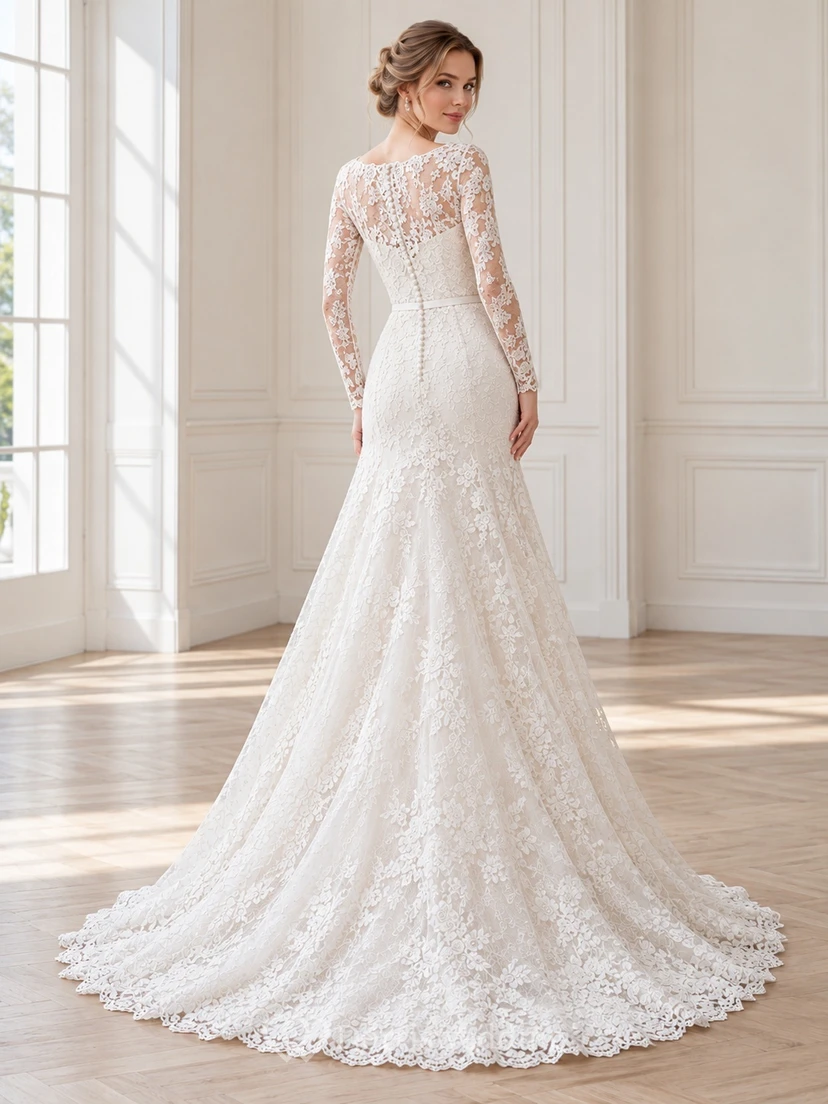 Long Sleeve Bateau Fitted Waist Lace Sheath Bridal Wedding Dress view 2