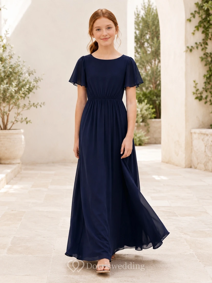 Dark Navy Junior Bridesmaid Dress A-Line Jewel Short Sleeve Petal Chiffon Elegant