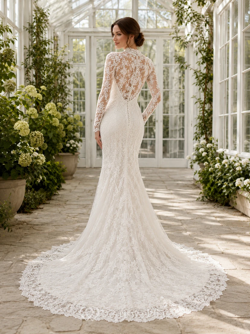 Luxury High Neck Lace Wedding Mermaid Long Illusion Sleeve Chapel Train view 2