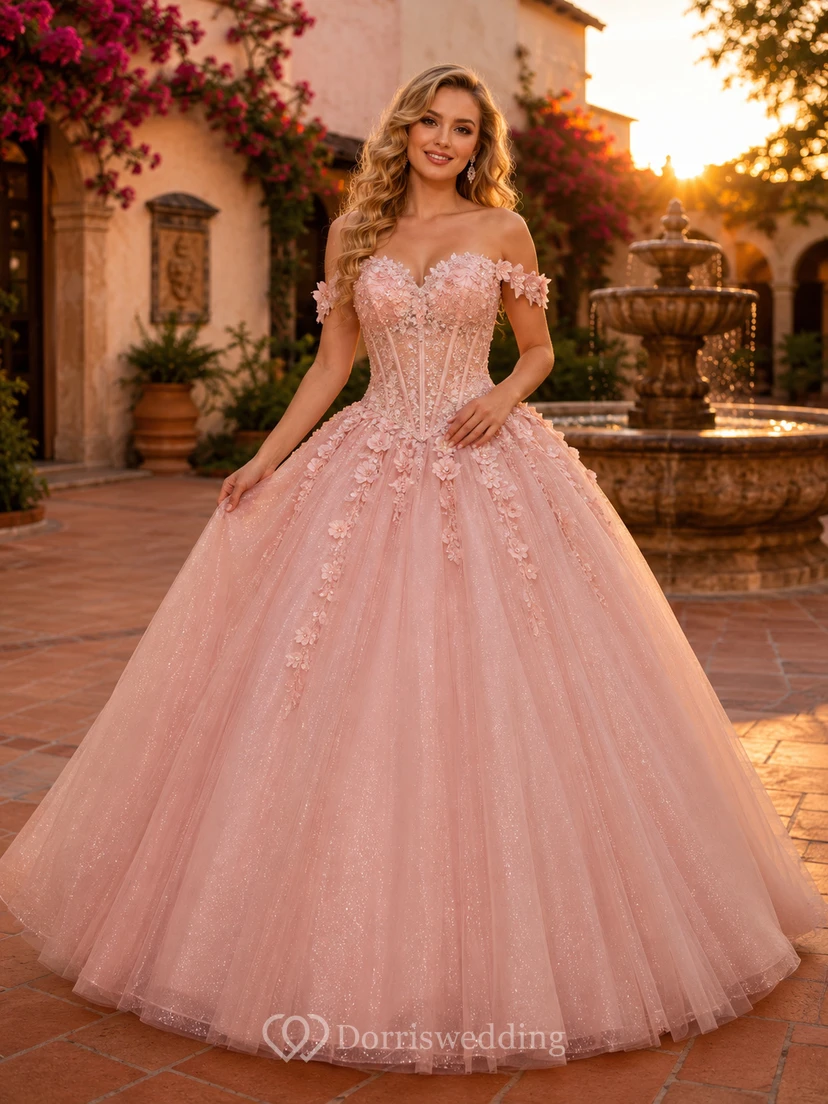 Robe de bal de princesse Blush Hacienda à épaules dénudées et décolleté cœur, en tulle pailleté et à fleurs, pour quinceañera.