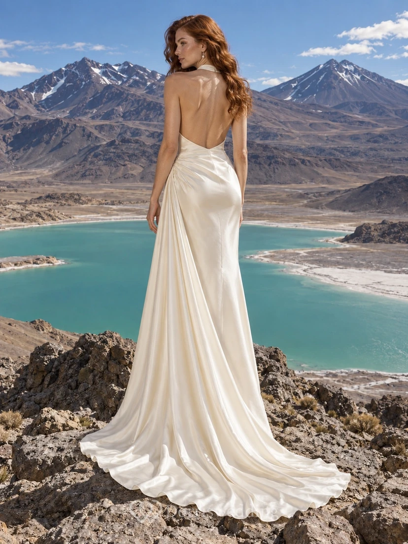 Sencillo vestido de novia vintage de charmeuse con escote halter, cuello drapeado y drapeado lateral. view 2