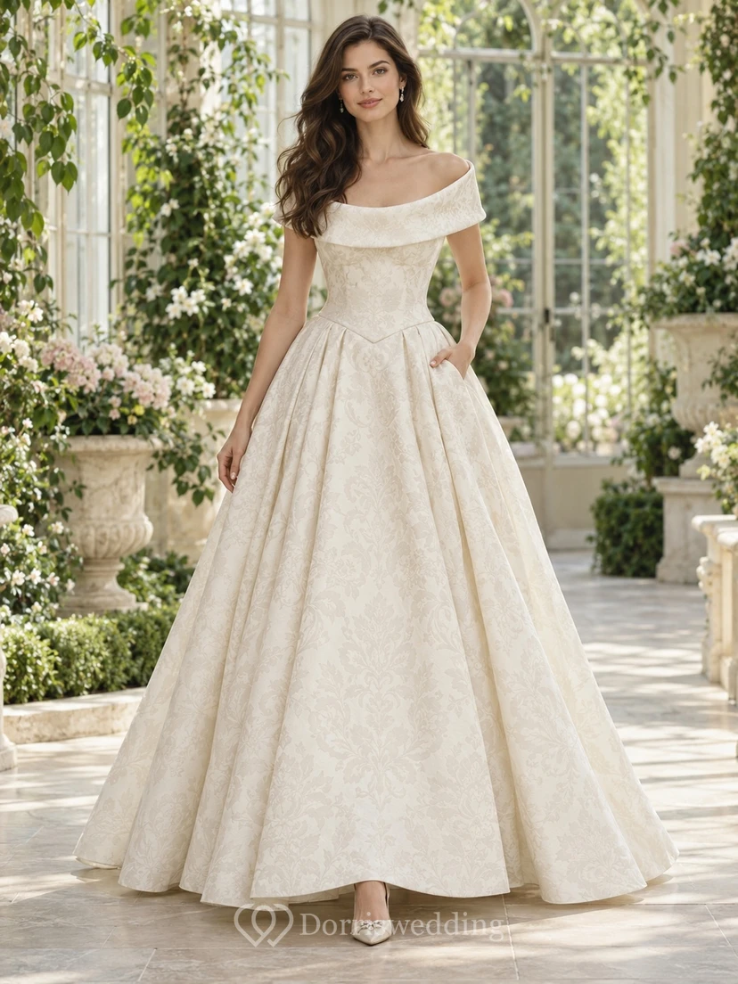 Schulterfreies Brautkleid mit Porträtkragen, Jacquard-Ballkleid und Taschen
