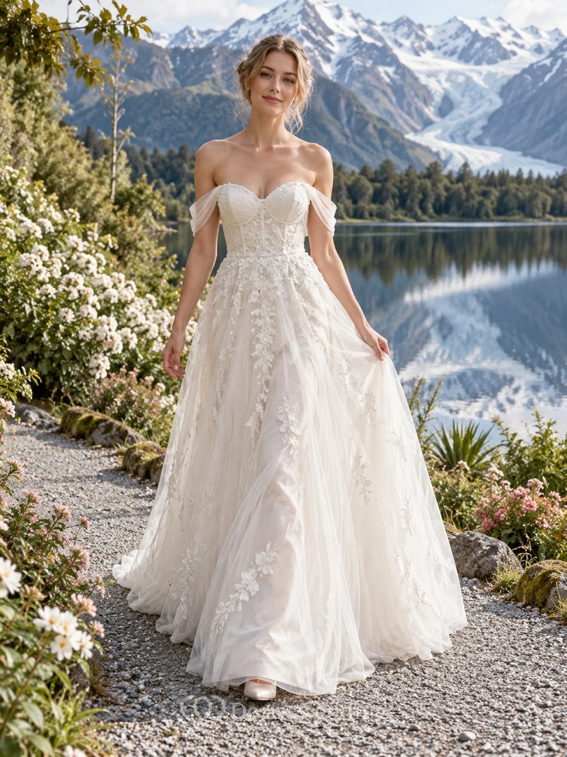 Simple Strapless Sweetheart Floral Lace A-Line Sweep Train Wedding Dress