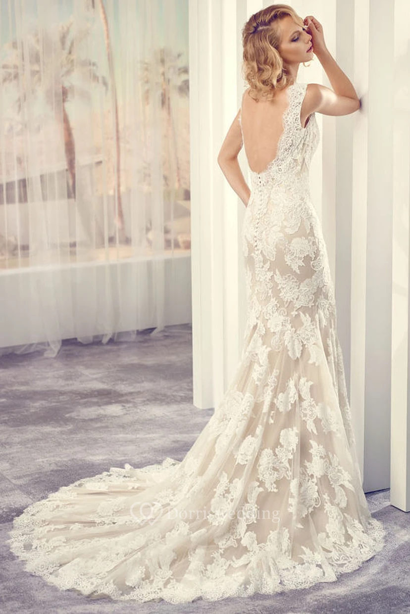 Maxi V-Neck Appliqued Lace Vintage Wedding Dress With Court Train And V Back view 2