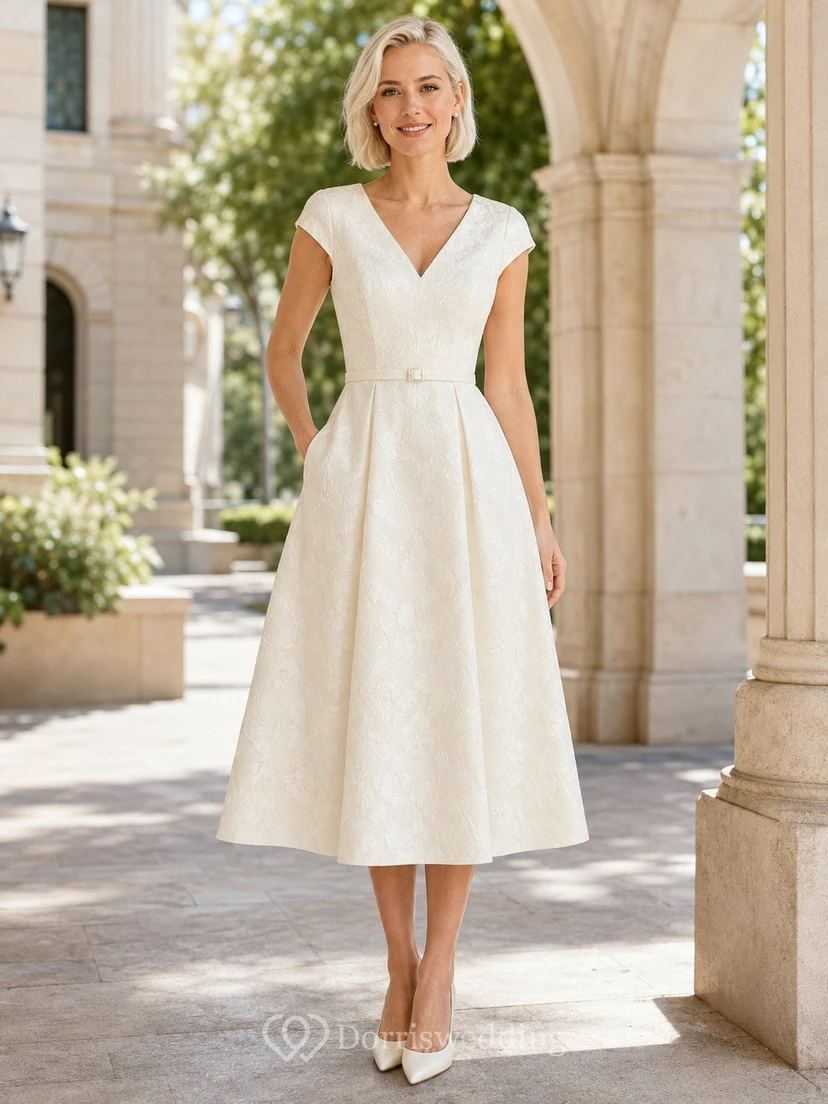 Vestido de novia sencillo de corte A, largo hasta la rodilla, escote en V, manga corta, estilo formal, para juzgado civil.