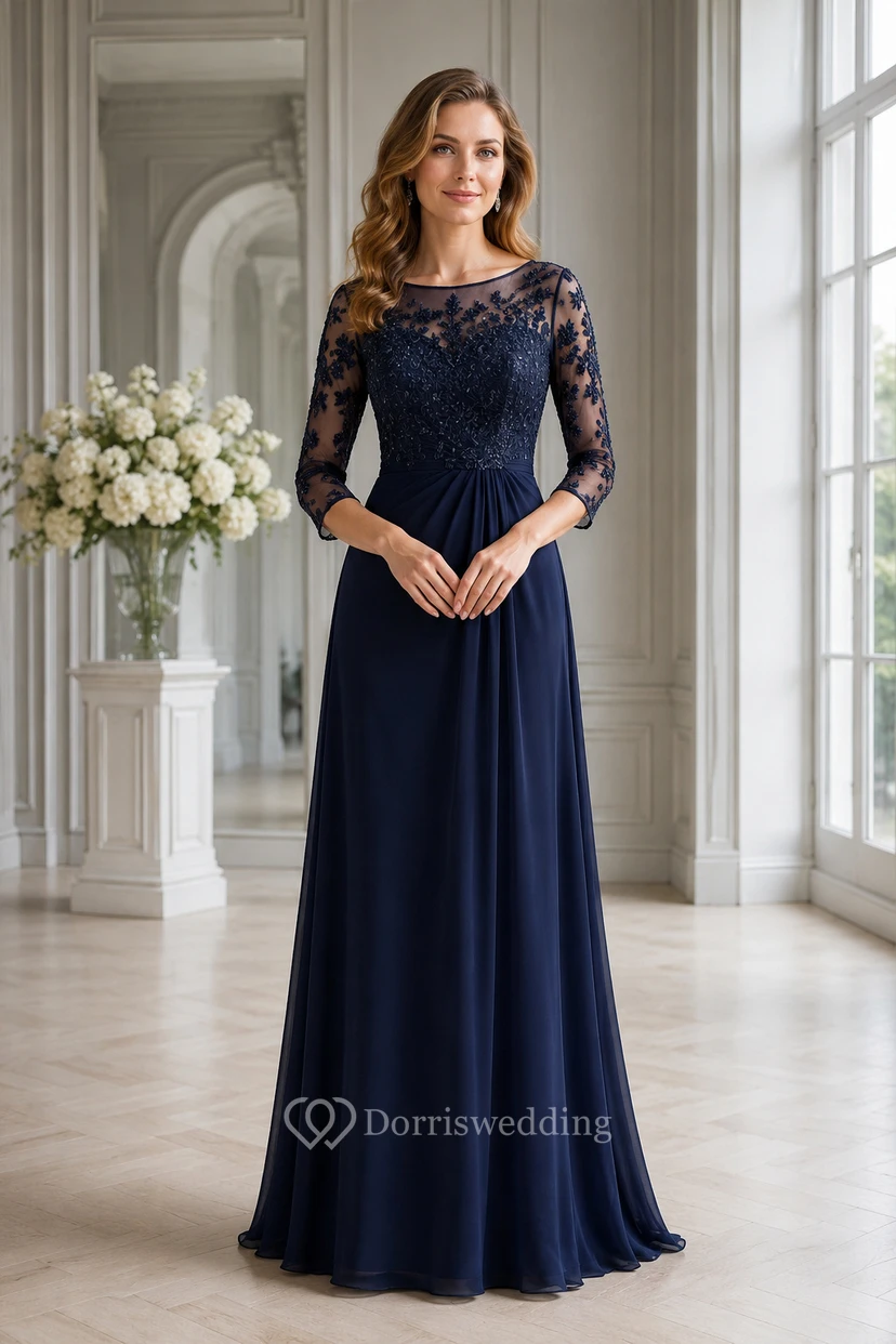 Robe de mère grande taille en dentelle illusion bleu marine foncé, manches 3/4, coupe trapèze