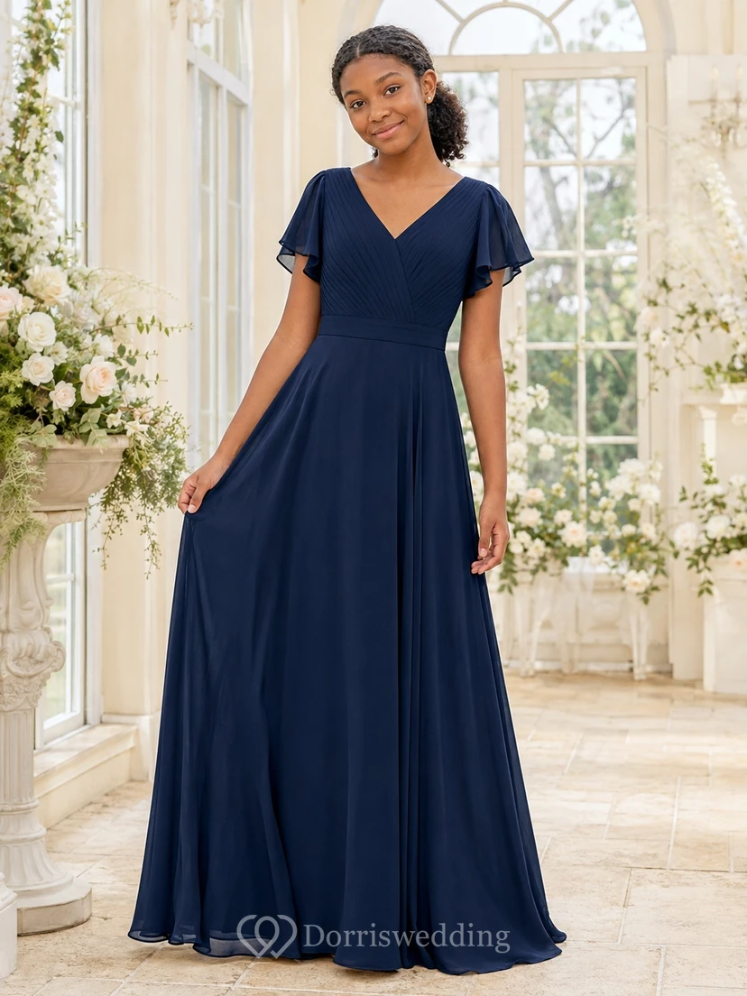 Vestido de dama de honor juvenil azul marino oscuro, corte en A, escote en V, manga corta tipo pétalo, gasa, modesto.