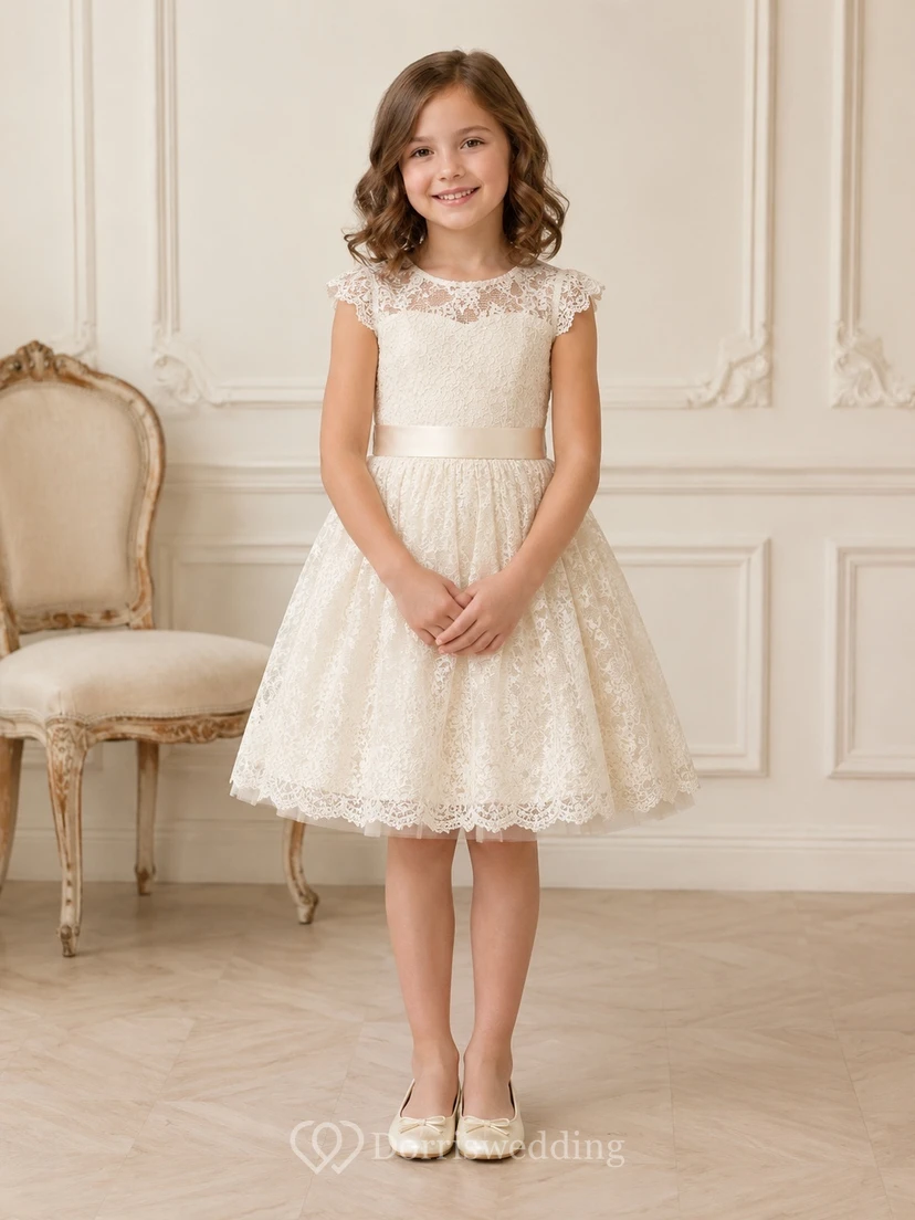 Cream Vintage Jewel Neck Cap Sleeve Lace A-Line Flowergirl Dress