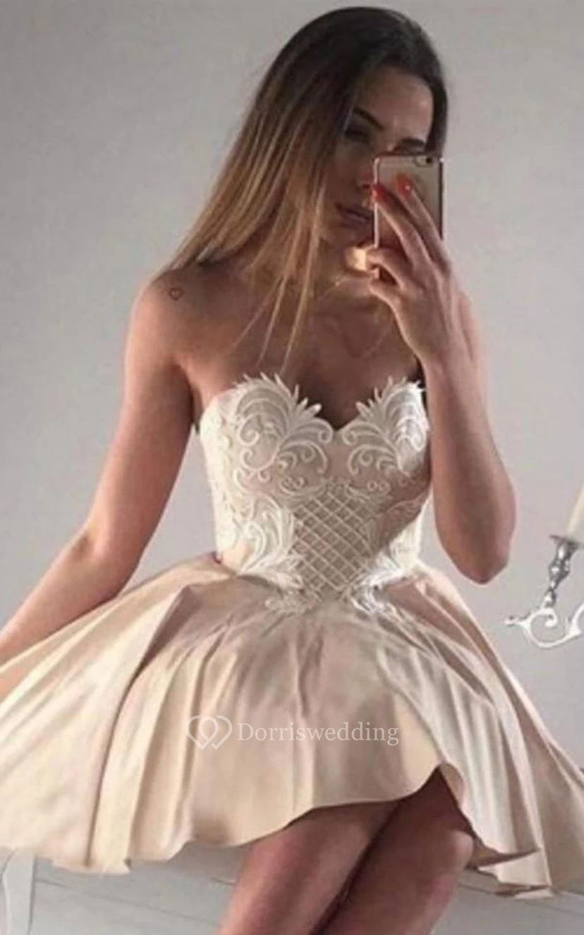 Satin Short A Line Sleeveless Casual Homecoming Dress with Appliques