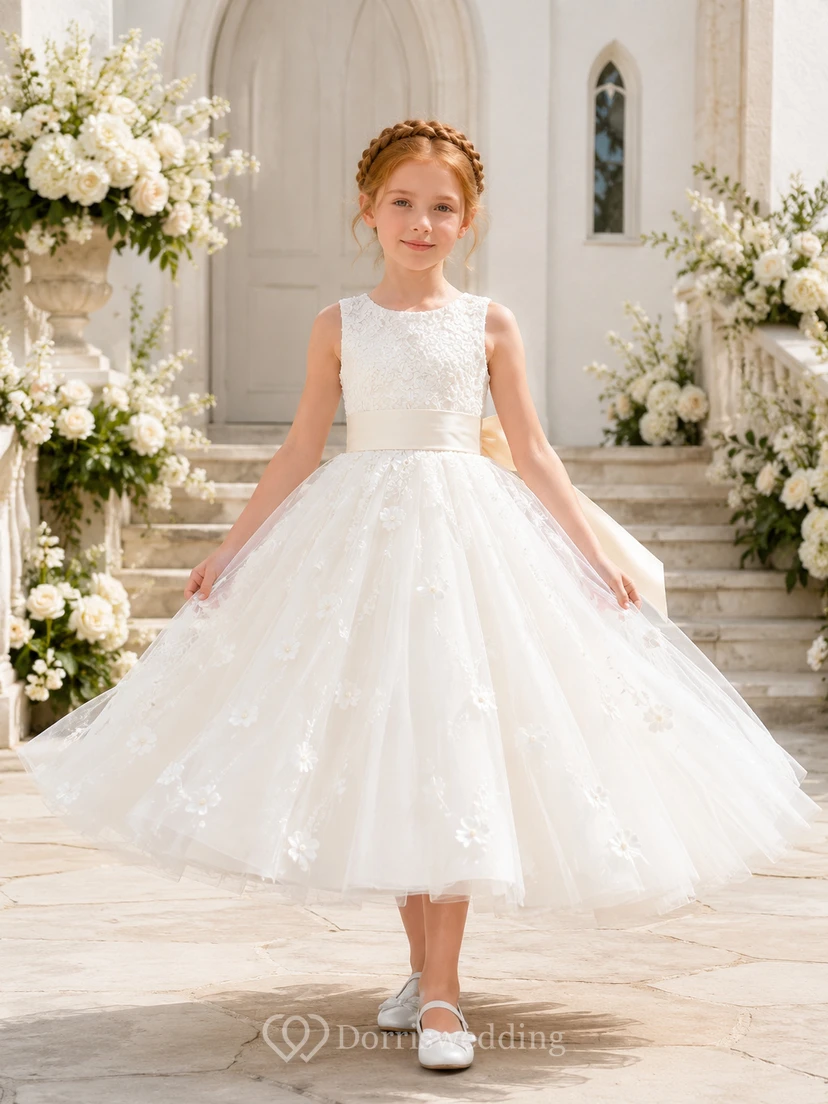 Flower Girl Dress Ivory Lace Tulle A-Line Scoop Neck Tea Length