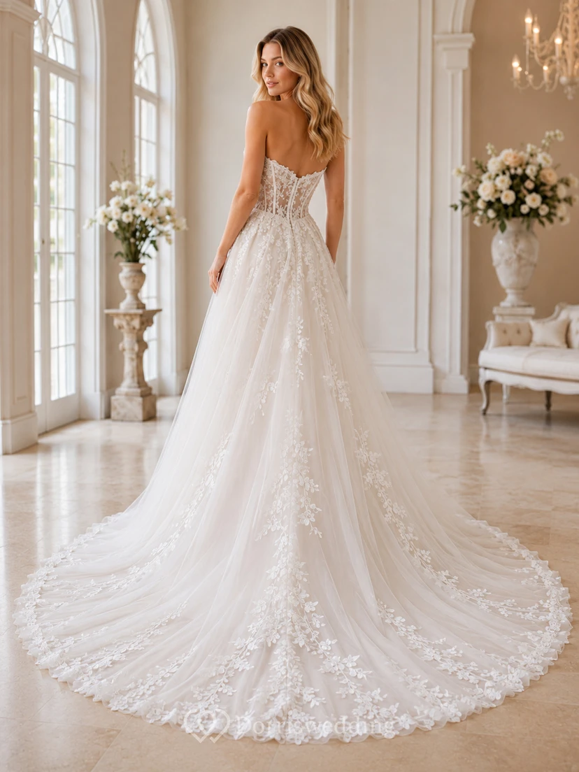 Robe de mariée bustier sans manches en dentelle florale et tulle, coupe trapèze, traîne cathédrale view 2