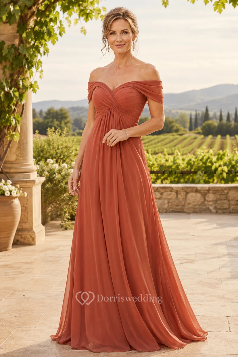 MOB Kleid aus Papaya-Chiffon, A-Linie, Kurzarm, schulterfrei, bodenlang, gerafft