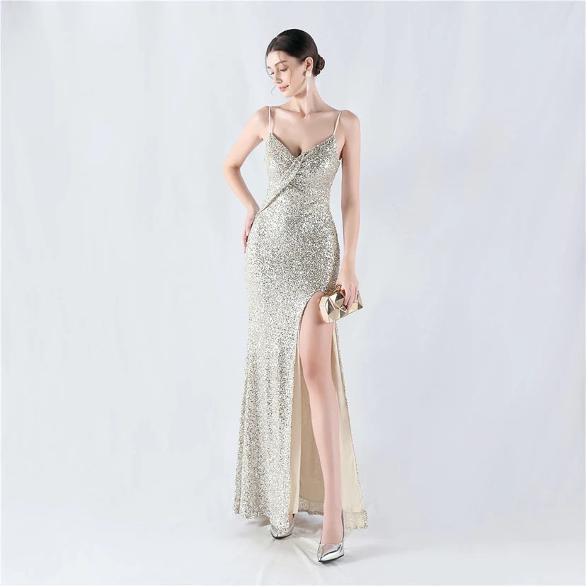 Robe de soirée sexy à sequins et fente haute, avec bretelles et encoche cryptée view 59