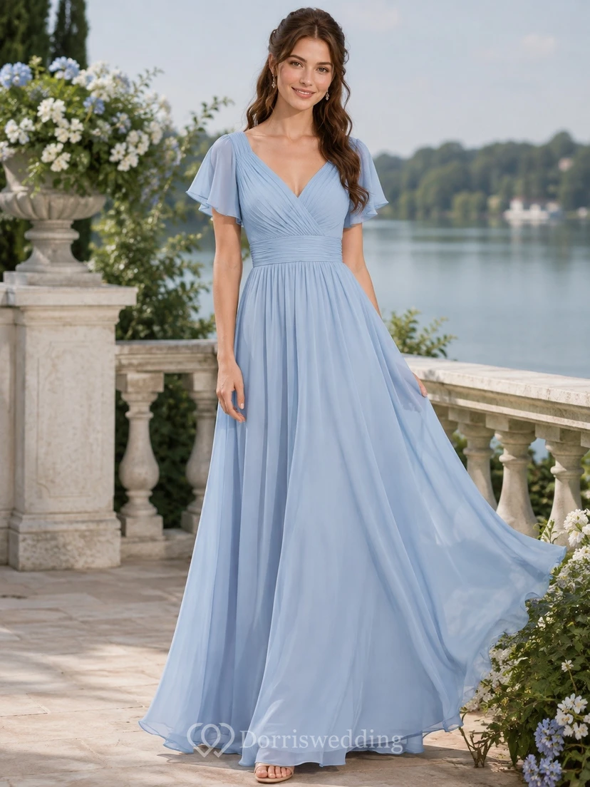 Blue V-neck T-shirt Short Sleeve Chiffon Floor-length A-line Casual Garden Dress