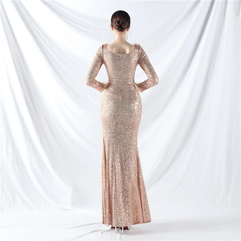 Craft-Made Ostrich Feather Long-Sleeved Beads Evening Dress view 61
