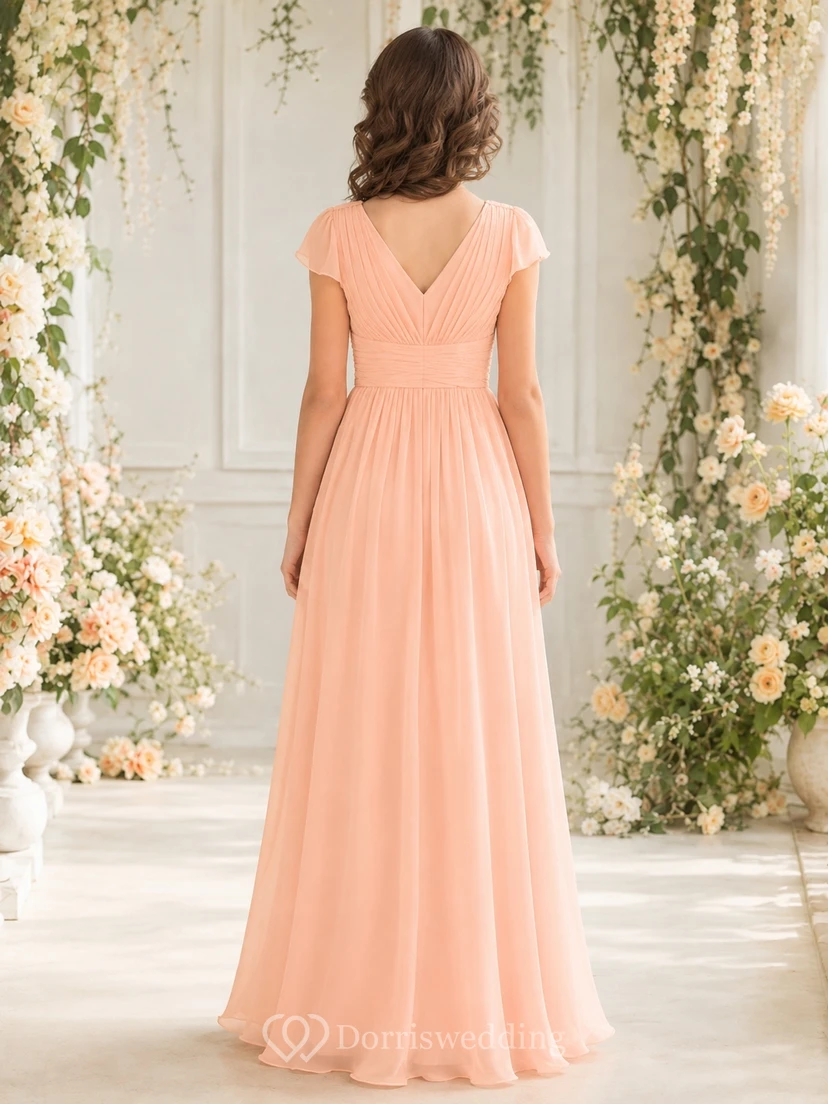 Blushing Pink Junior Bridesmaid Dress A-Line Floor-Length V-Neck Short Sleeve Draped Bodice Romantic view 2