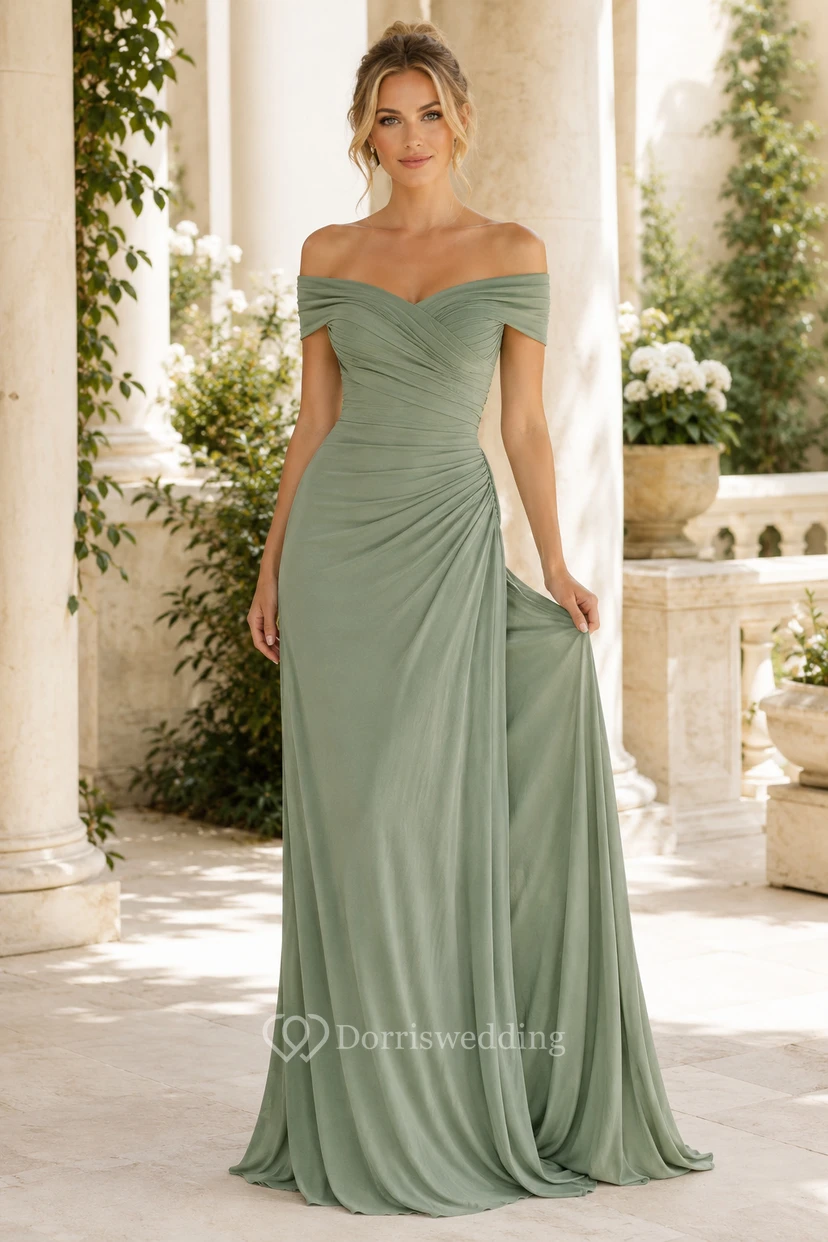 Evening Gown Sage Chiffon A-Line Off Shoulder Short Sleeve Draped Floor Length