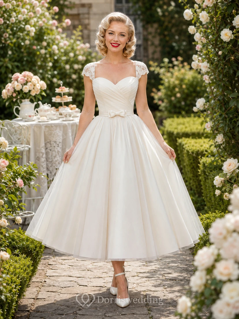 Robe de mariée mi-longue à manches courtes en dentelle des années 1950