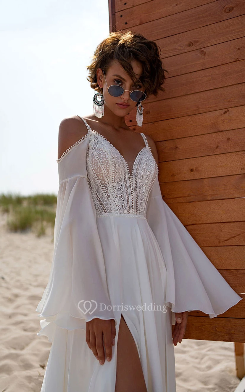 Boho Spaghetti Empire Front Split Chiffon Beach Wedding Dress view 3