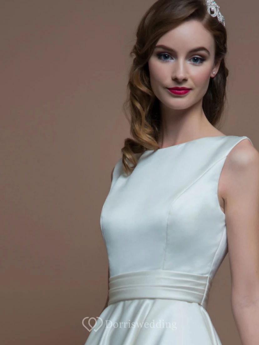 A-Line Jewel-Neck Sleeveless Tea-Length Satin Short Wedding Dress With V Back view 4