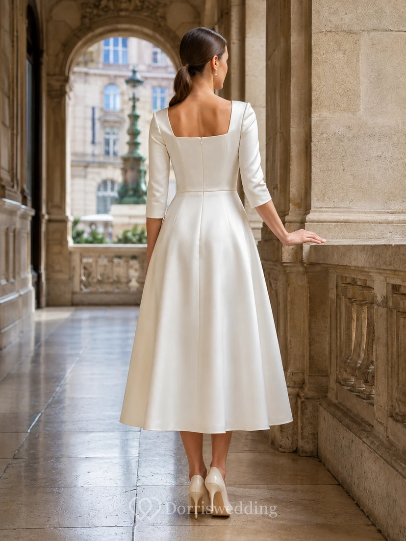 Robe de mariée mi-longue trapèze en satin à col carré, style mairie view 2