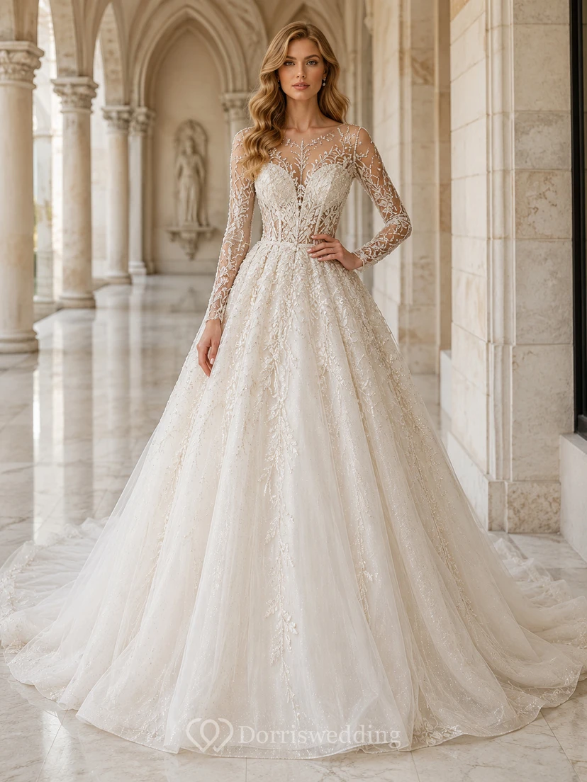 Robe de mariée champêtre en tulle et dentelle scintillante, col V, manches longues, coupe trapèze, traîne chapelle, ornée d'appliqués floraux.