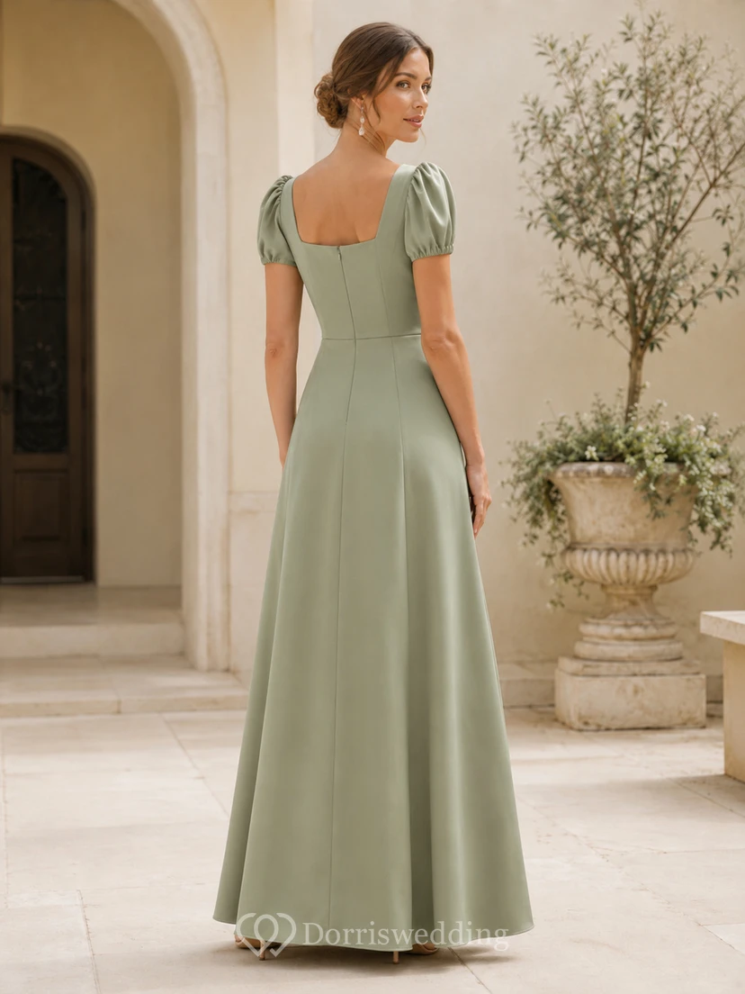 Celadon Satin Square Neck Puff Sleeve Floor Formal Dress Low-V Back Zipper view 2