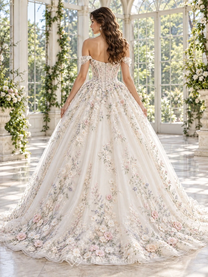 Floral Off Shoulder Corset Bodice Full Tulle Wedding Dress view 2