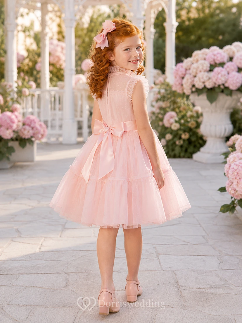 Blushing Pink Flower Girl Dress Knee-Length Swiss Dot Tulle High Neck Ruffle Tier Bow view 2