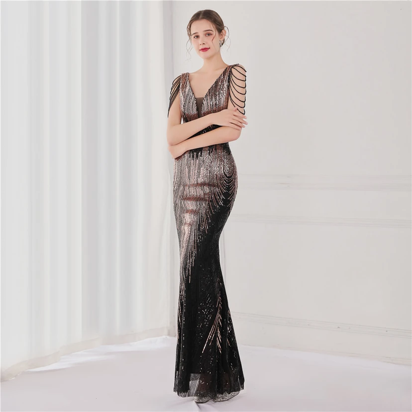 Vestido largo de lentejuelas con cola de pez, ideal para eventos, banquetes, eventos de celebridades y eventos de moda. Vestido de noche con etiqueta para modelos de automóviles. view 11