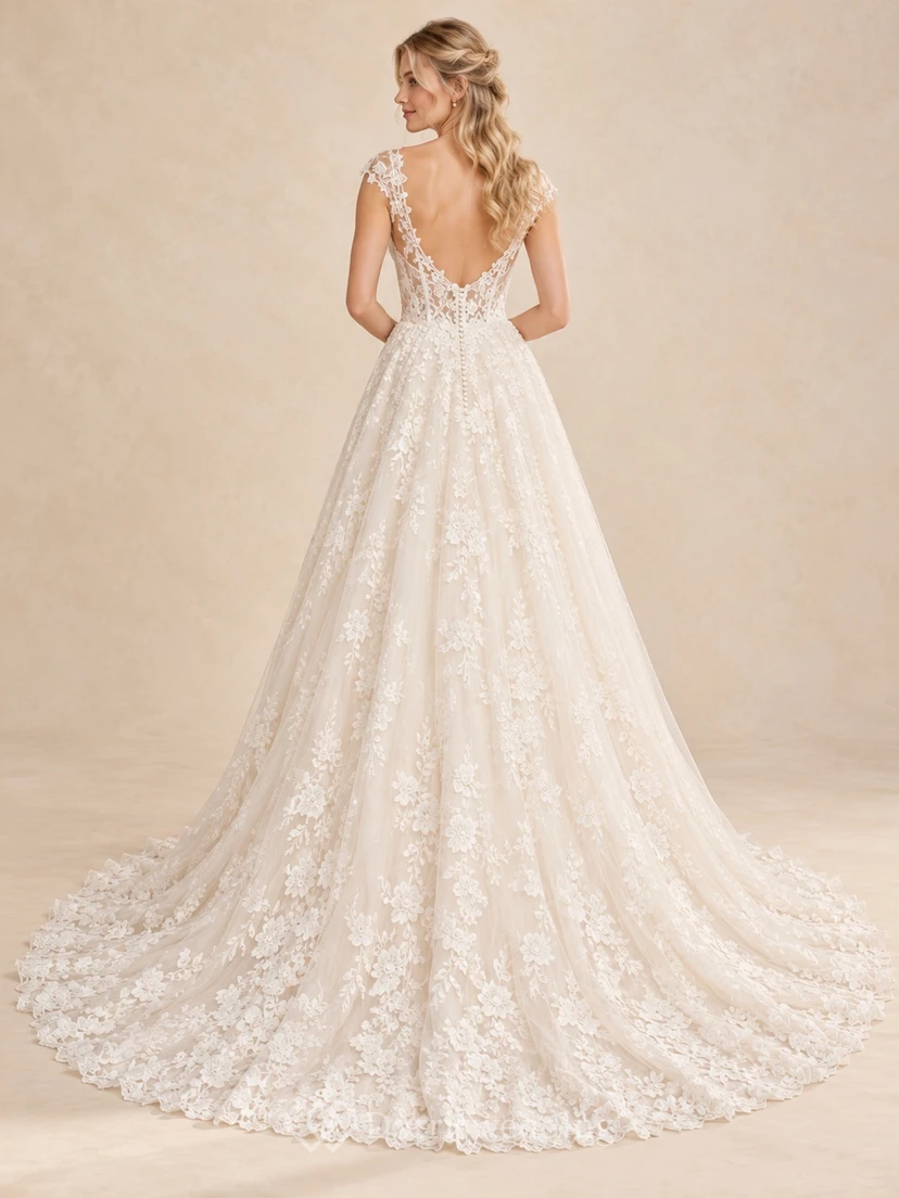 Sweetheart Cap Sleeve Floral Lace Soft A-Line Wedding Dress view 2