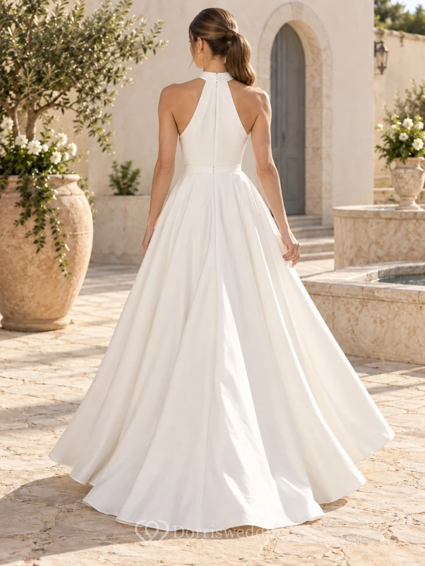 Simple Teardrop Opening Halter Sleeveless Pleated Cotton A-Line Floor Length Wedding Dress view 2
